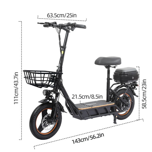 48V 750W Motor Electric Scooter - 14-inch Inflatable Tires 45km/h Aluminum Alloy Frame 48V 18AH 18650 Battery with Seat & Trunk